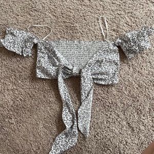 White and Black Floral Print Off Shoulder Tie Front